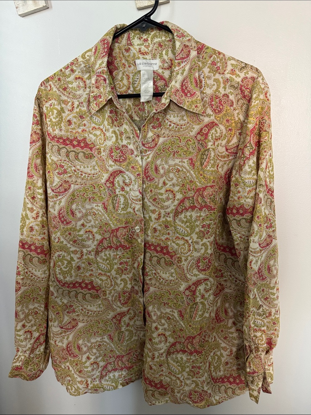 Lizsport Cream, Pink & Olive Paisley Button-Down Shirt